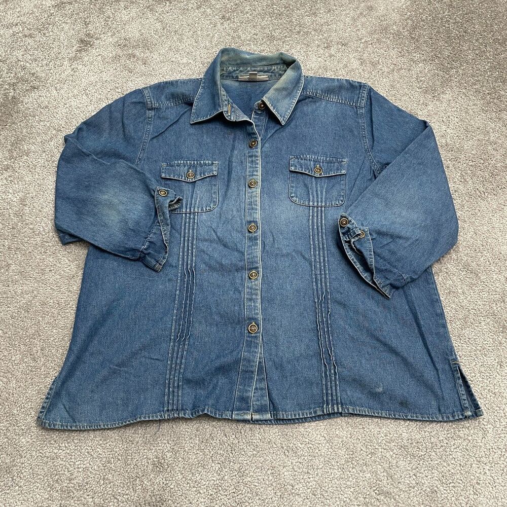 Jm Collection Denim Button Down Shirt Womens 18 Blue Medium Wash Long Sleeve Top